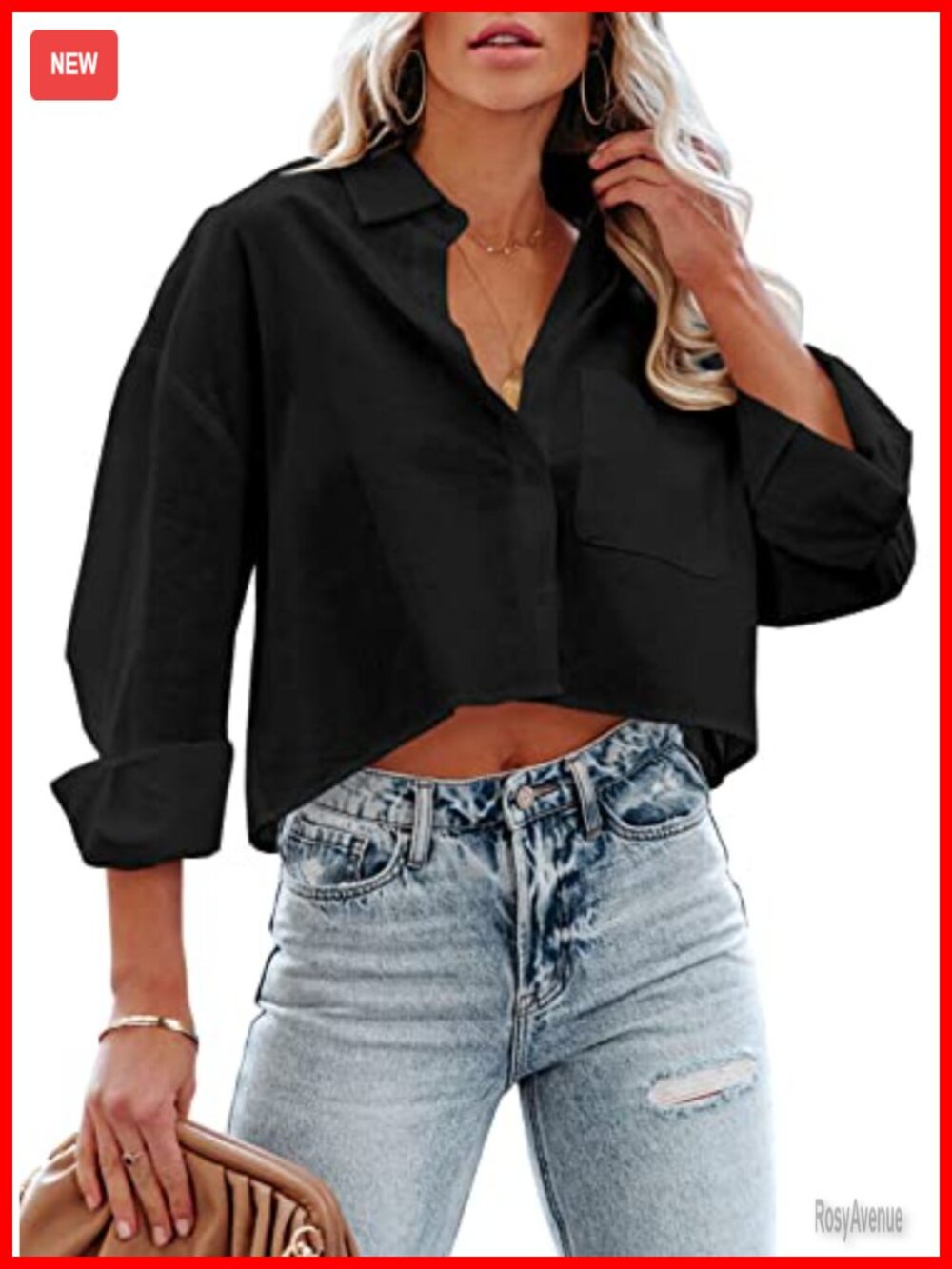 100% Cotton Long Sleeve Button Down Cropped Shirt Casual Blouse